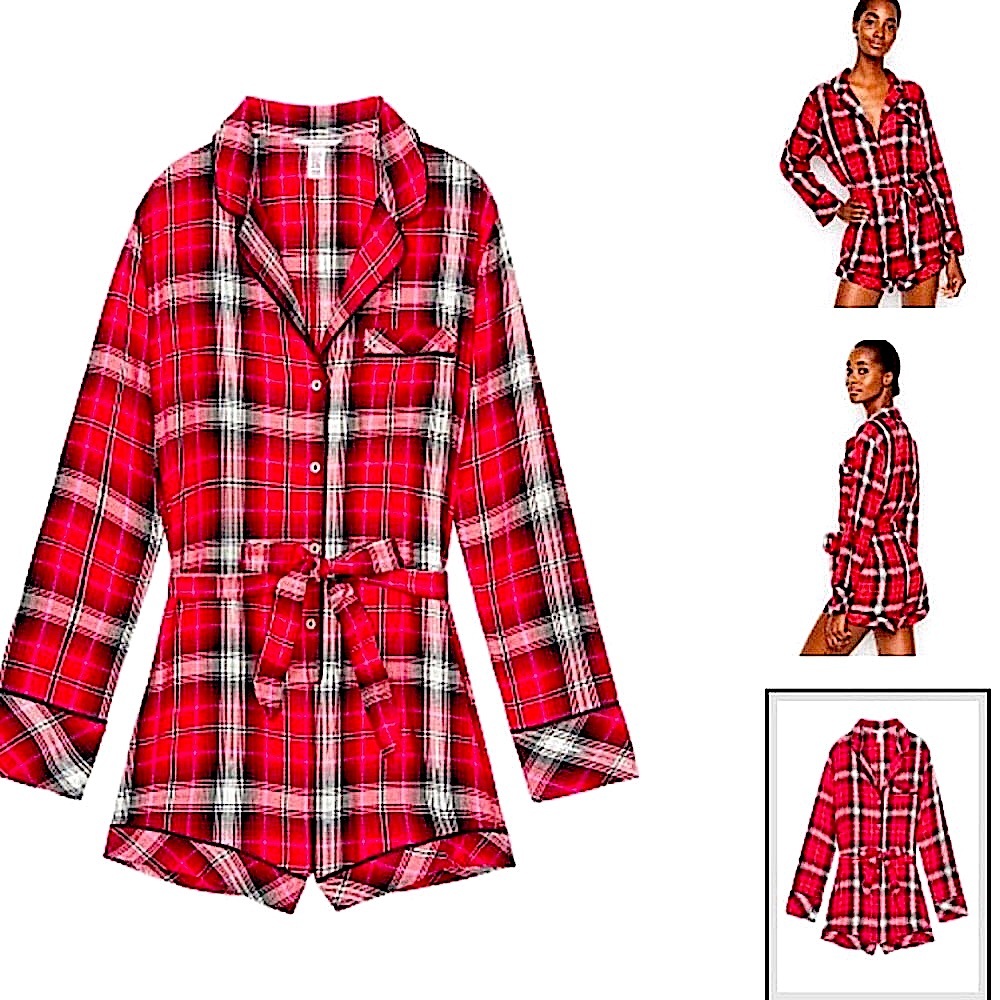 NWOT Victoria’s Secret Flannel Tie Plaid Romper, S